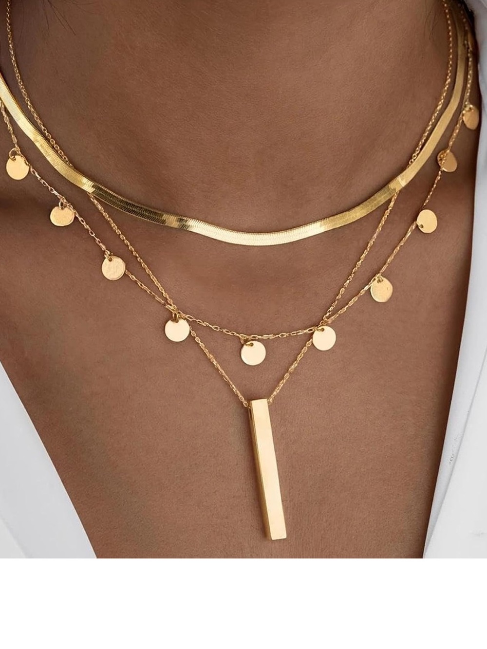 Gold Layered Disc & Bar Pendant Necklace - Women Jewelry